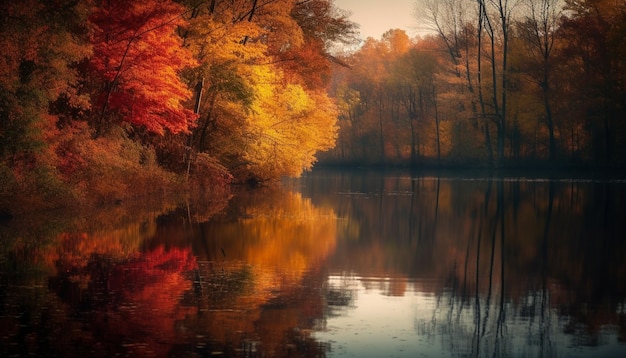 Vibrant autumn colors reflect in tranquil pond generated by AI