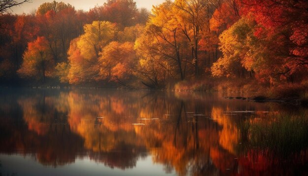 Vibrant autumn colors reflect on tranquil pond generated by AI