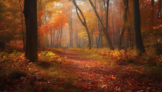 Vibrant autumn forest mysterious fog tranquil footpath spooky wilderness scene generated by AI