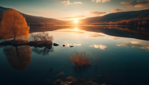 Vibrant autumn landscape reflects in tranquil pond generated by AI