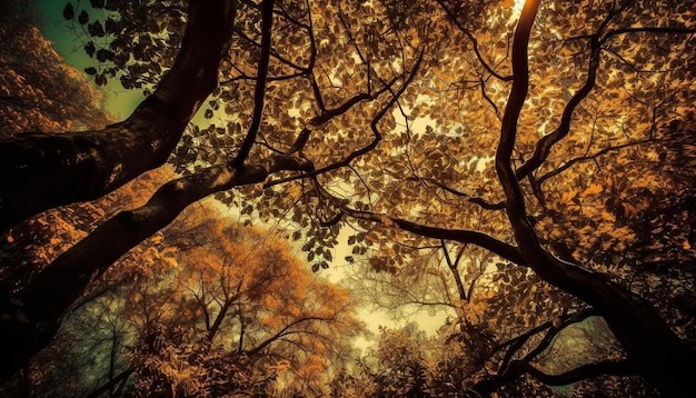 Free Photo vibrant autumn leaves illuminate tranquil forest path generated by ai