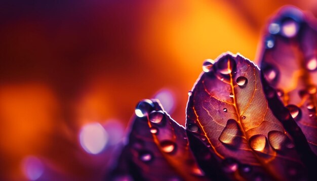 Vibrant autumn leaves reflect in dewy water generated by AI