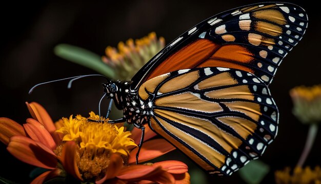 Vibrant colored Monarch butterfly perched on flower generated by AI