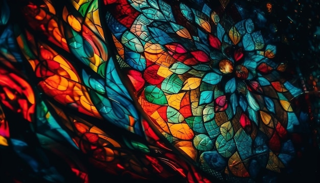 Vibrant colors illuminate fractal pattern on glass backdrop generated by AI