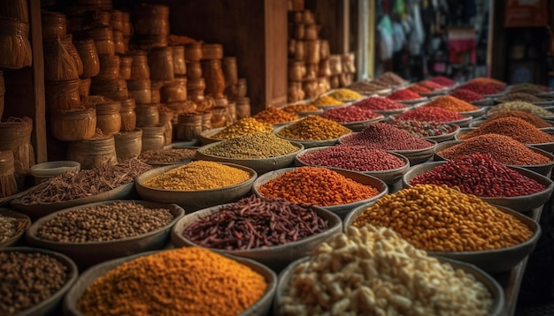 Free photo vibrant colors of spices in a row at the street market generated by ai