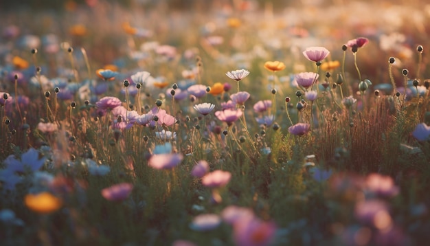 Vibrant daisy blossom in tranquil meadow sunset generated by AI