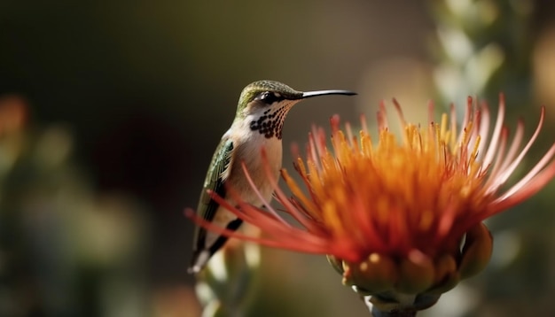 Free photo vibrant hummingbird perches on green branch pollinating single flower generated by ai