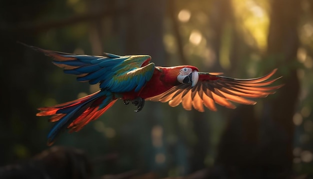 Vibrant macaw perched on branch in forest generated by AI