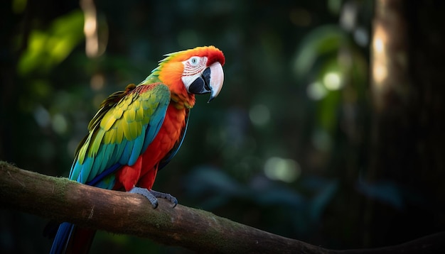 Vibrant macaw perched on branch in rainforest generated by AI