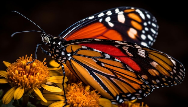 Vibrant monarch butterfly delicately pollinates yellow flower generated by AI