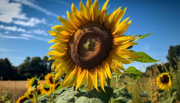 Vibrant sunflower attracts bee with yellow petals generated by AI