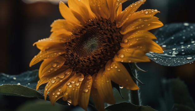 Vibrant sunflower petal wet with morning dew generated by AI