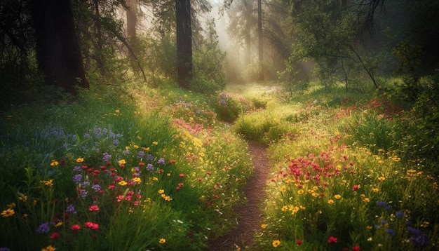 Free photo vibrant wildflowers bloom in tranquil forest meadow at dawn generated by ai