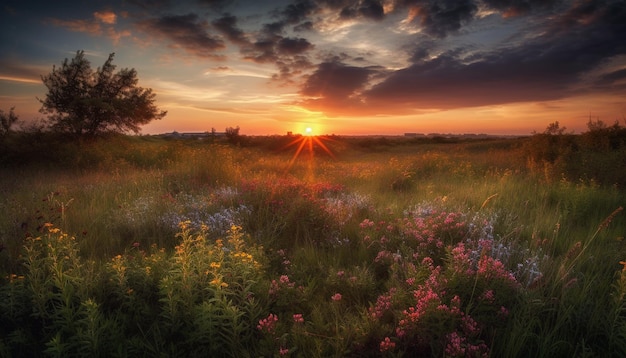 Vibrant wildflowers bloom in tranquil meadow sunset generated by AI