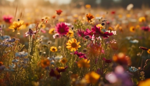 Vibrant wildflowers bloom in tranquil rural meadow generated by AI