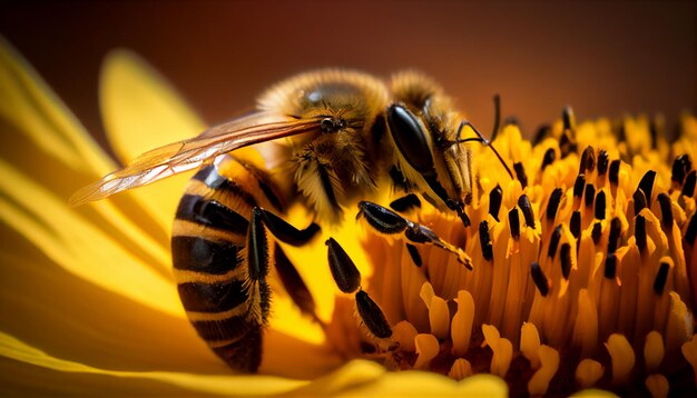 A vibrant yellow bee pollinating a beautiful flower generative AI