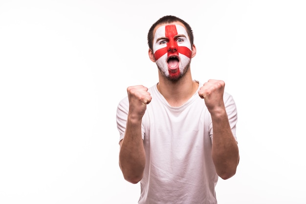 Free Photo victory, happy and goal scream emotions of british football fan in game support of england national team on white background.