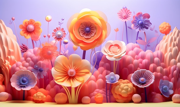 View of 3d abstract landscape with flowers