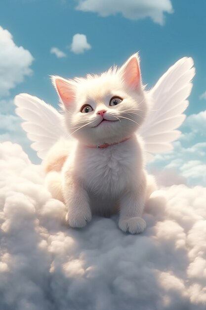 View of 3d adorable cat with fluffy clouds