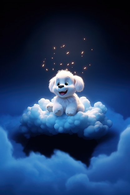 View of 3d adorable dog with fluffy clouds