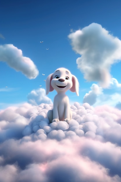 View of 3d adorable dog with fluffy clouds