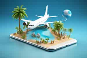 Free photo view of 3d airplane with travel destination landscape