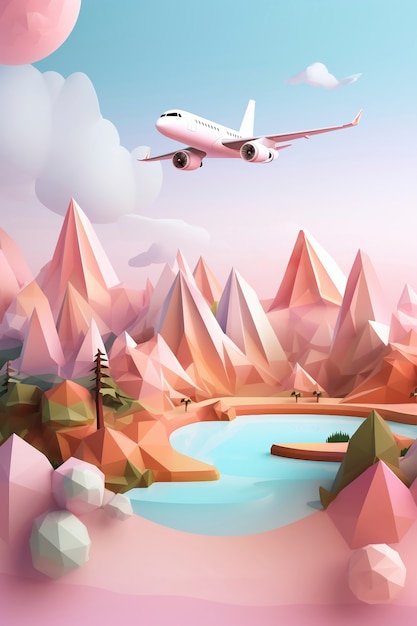 Free Photo view of 3d airplane with travel destination landscape