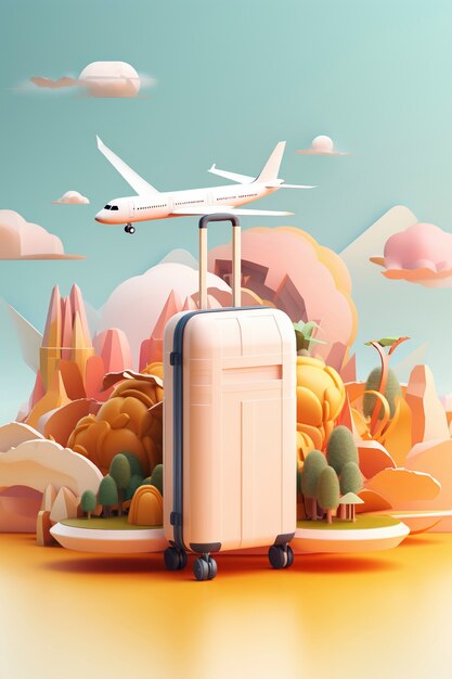 View of 3d airplane with travel destination landscape