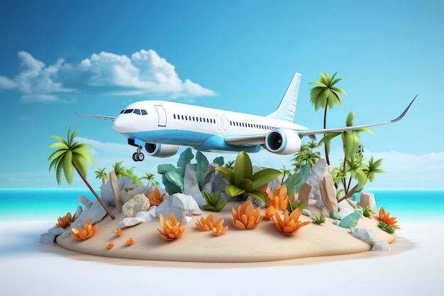 View of 3d airplane with travel destination landscape