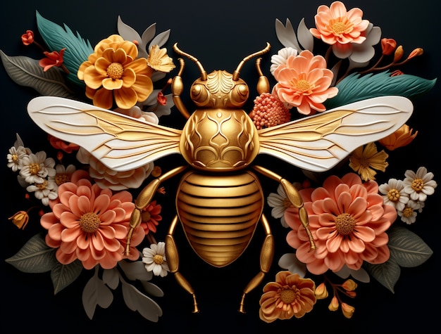 Free photo view 3d bee insect with flowers