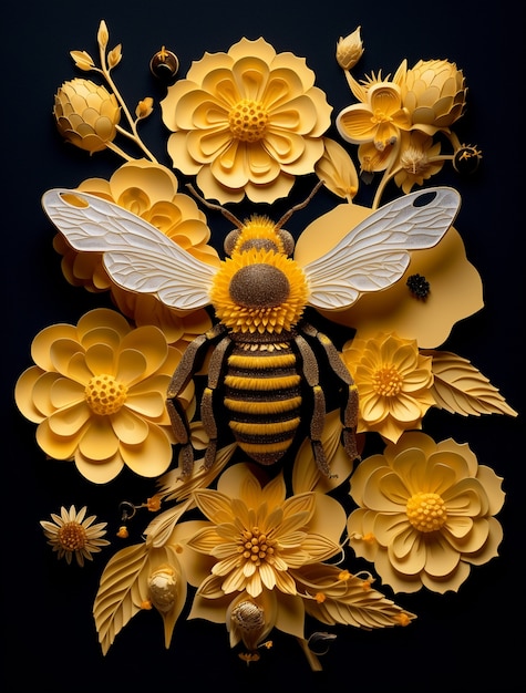 Free Photo view 3d bee insect with flowers