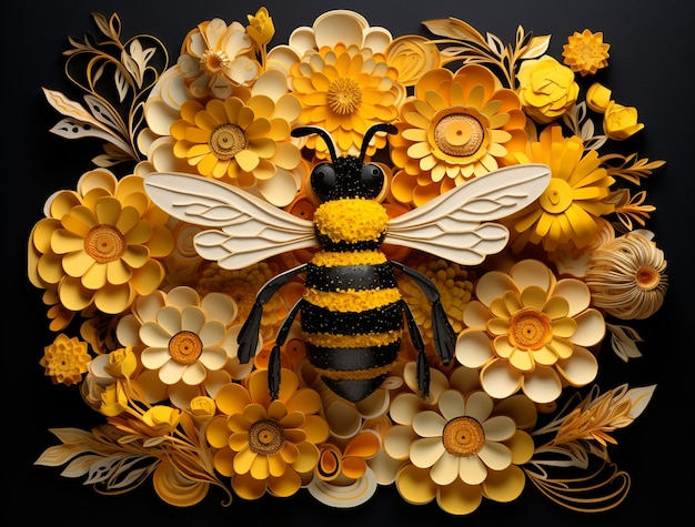 Free photo view 3d bee insect with flowers