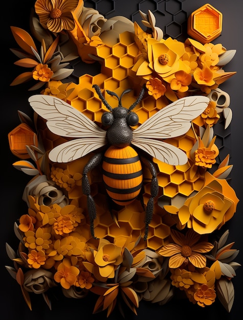 Free photo view of 3d bee with flowers