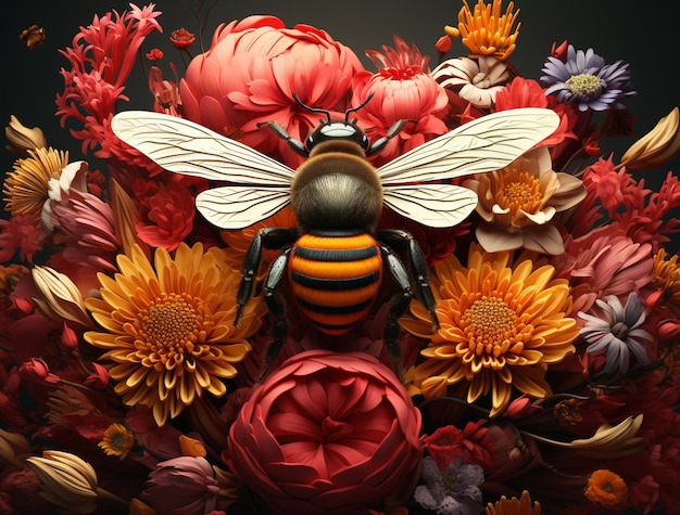 View of 3d bee with flowers