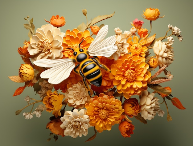 View of 3d bee with flowers