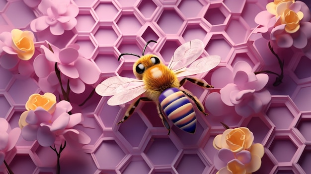 View of 3d bee with flowers