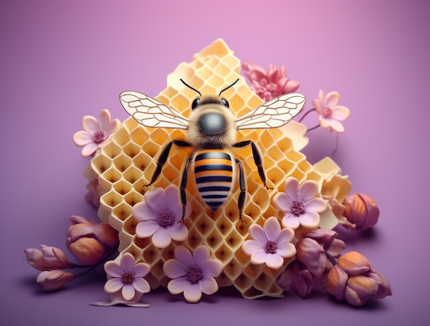 View of 3d bee with flowers