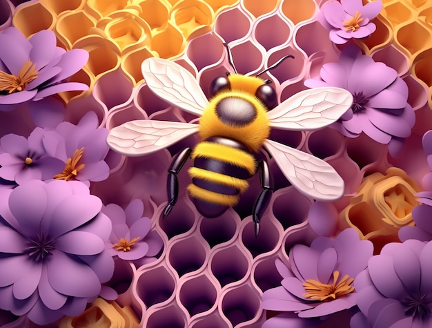 View of 3d bee with flowers