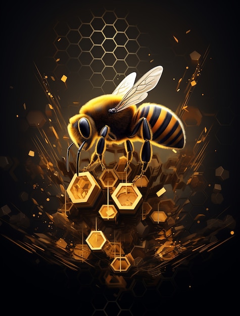 Free photo view 3d bee with honeycomb texture