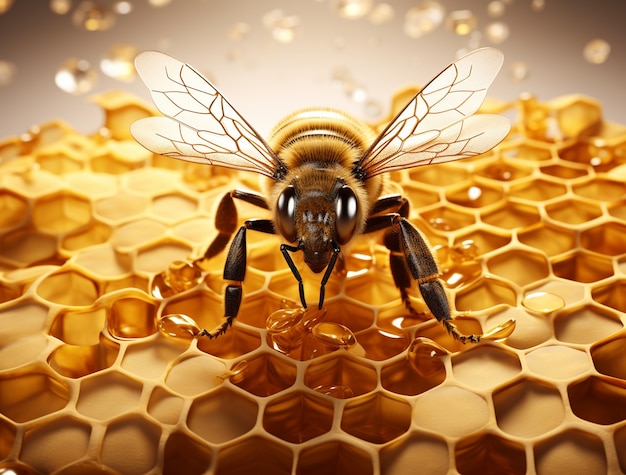 View of 3d bee with honeycomb