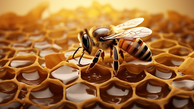 View of 3d bee with honeycomb