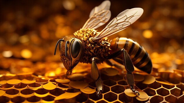 View of 3d bee with honeycomb