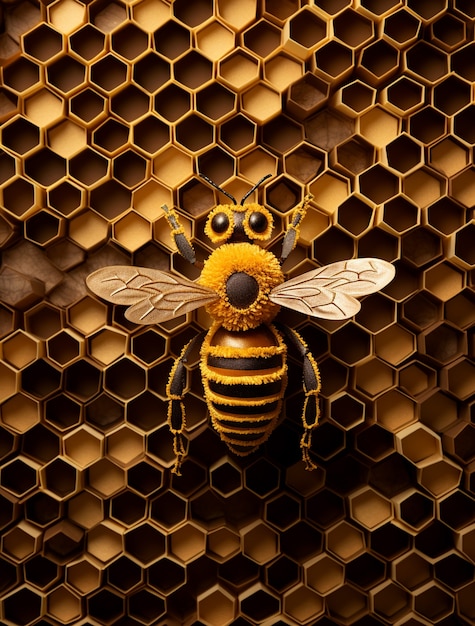 View of 3d bee with honeycomb