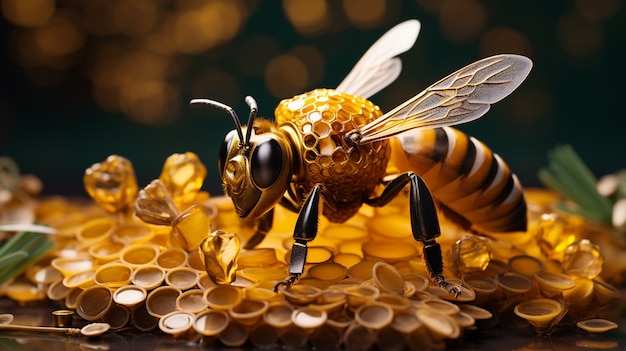 View of 3d bee with honeycomb