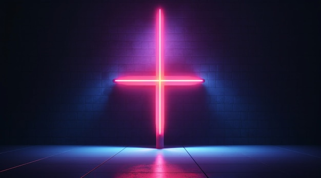 View of 3d bright neon religious cross