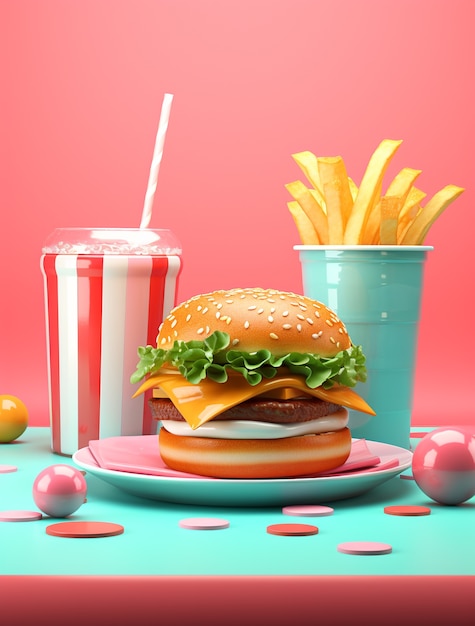 Free photo view of 3d burger meal with french fries