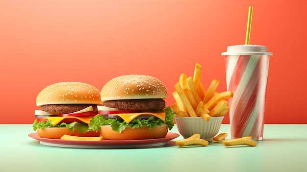 View of 3d burger meal with french fries