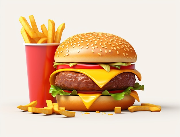 View of 3d burger meal with french fries