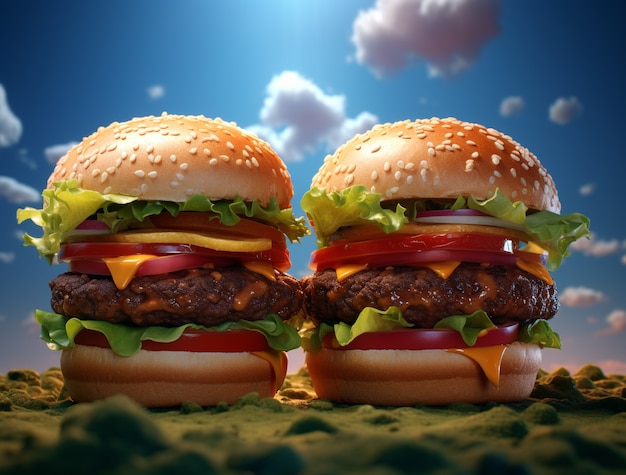 View of 3d burgers with sky background