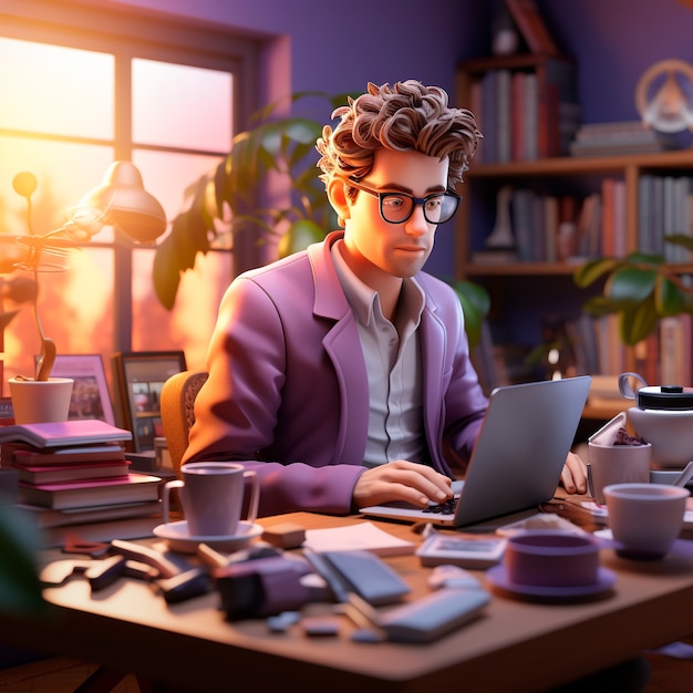 Free photo view of 3d businessman working on laptop